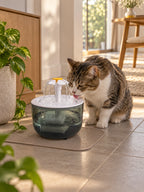 Chat buvant dans la fontaine gris fumé Graphéa installée au sol dans un espace calme.