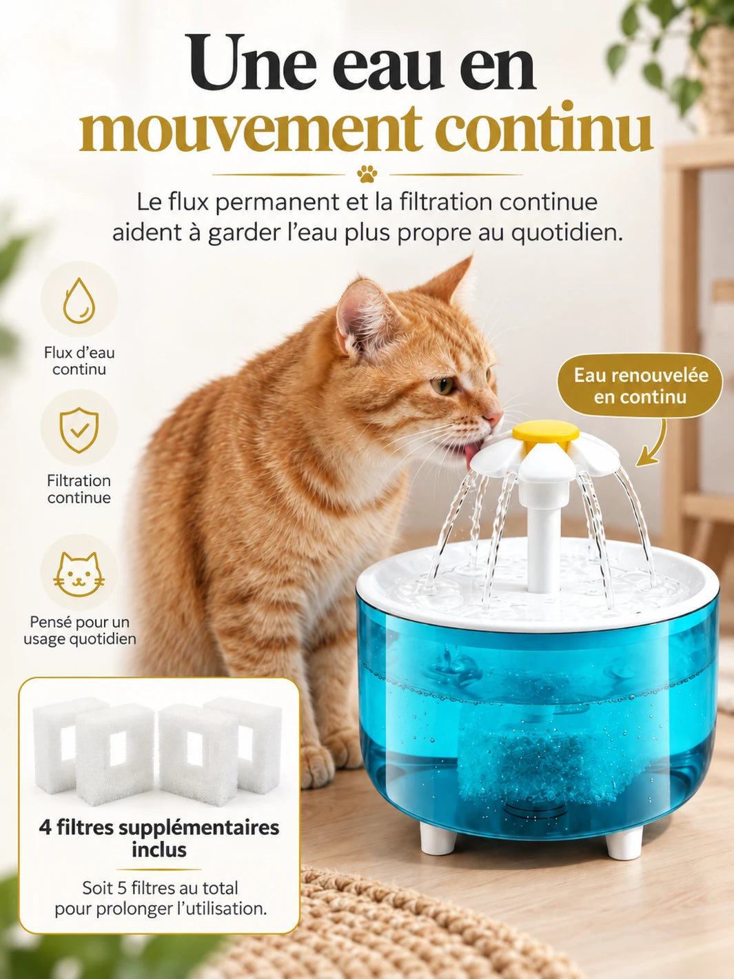 Circulation continue et cinq filtres inclus pour l’entretien de la fontaine Graphéa.