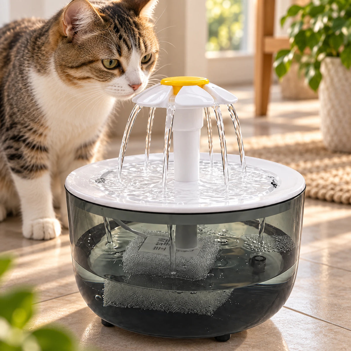 Gros plan des filets d’eau et de la circulation continue de la fontaine Graphéa.