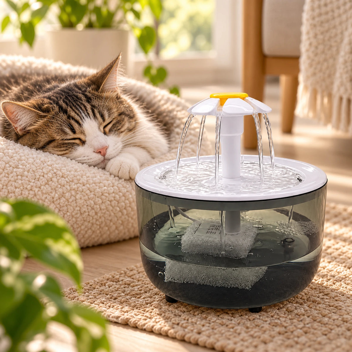 Fontaine gris fumé Graphéa en fonctionnement près d’un chat paisiblement endormi.