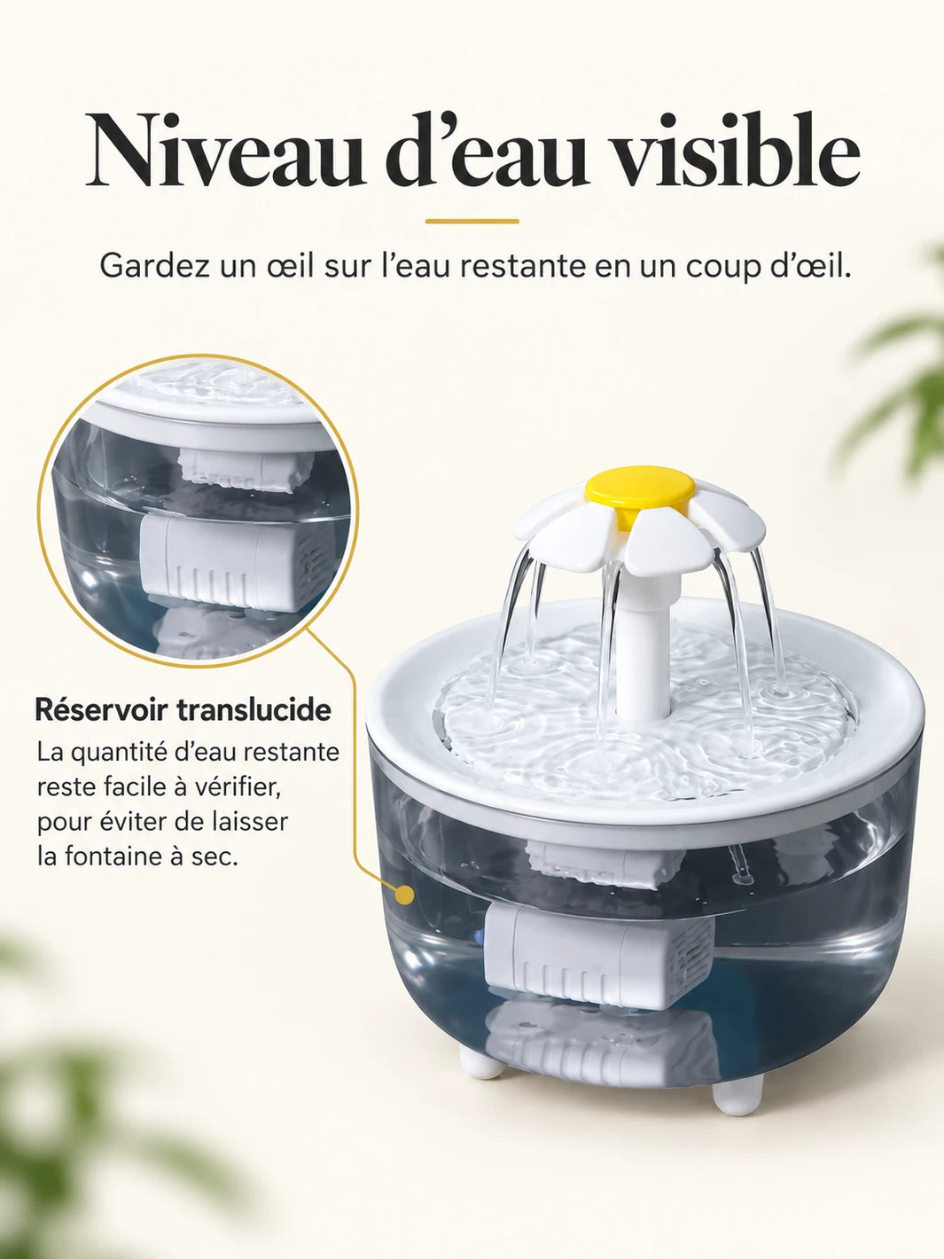 Réservoir translucide gris illustrant le niveau d’eau visible de la fontaine Graphéa.