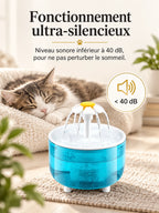 Fonctionnement inférieur à 40 dB de la fontaine Graphéa près d’un chat au repos.