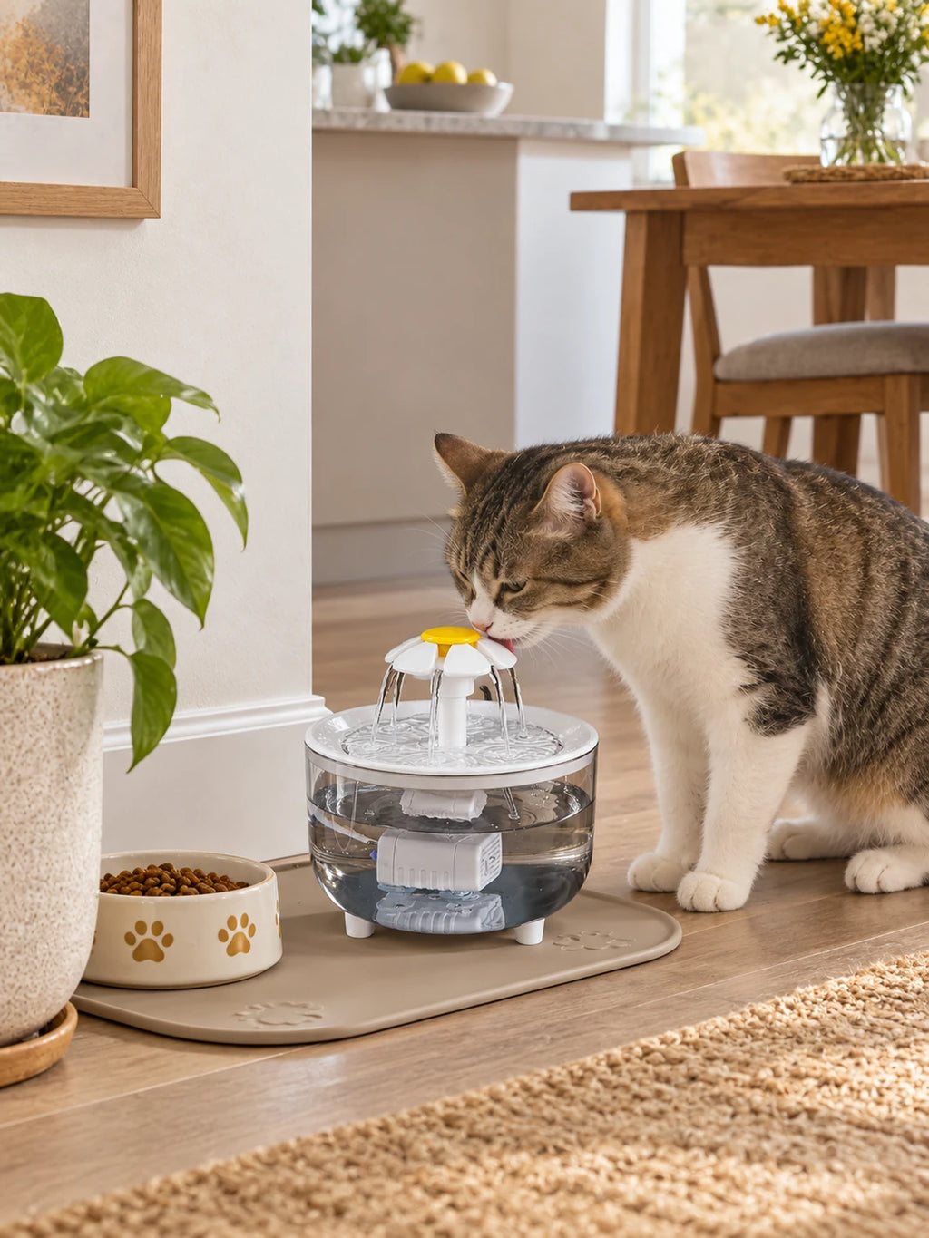 Chat utilisant la fontaine transparente Luméria dans un coin d’eau aménagé à l’intérieur.