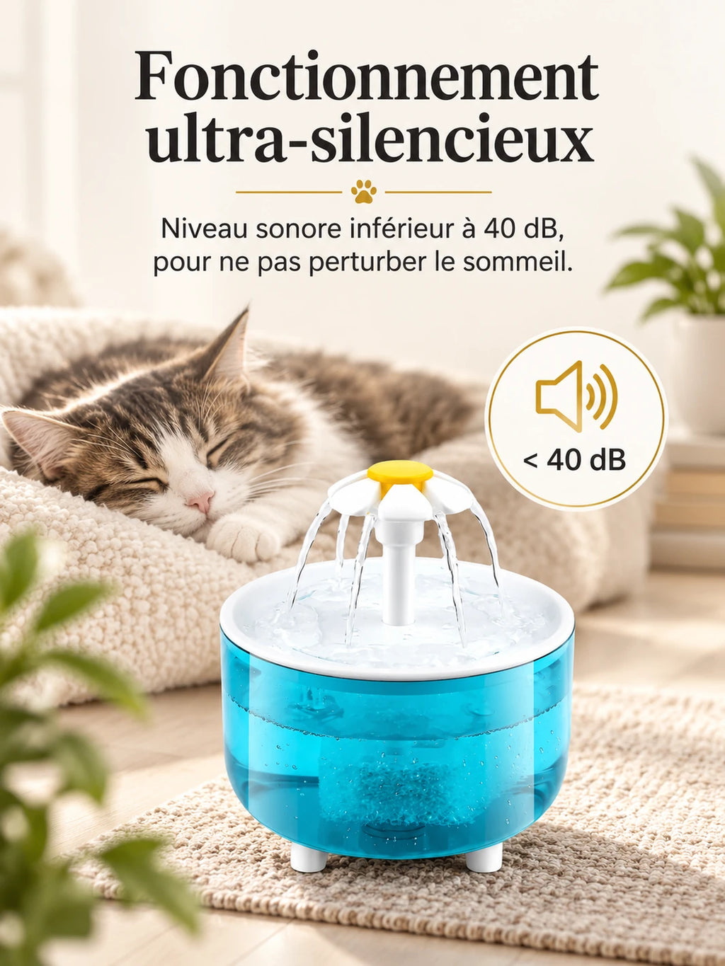 Fontaine Luméria au fonctionnement inférieur à 40 dB près d’un chat endormi.