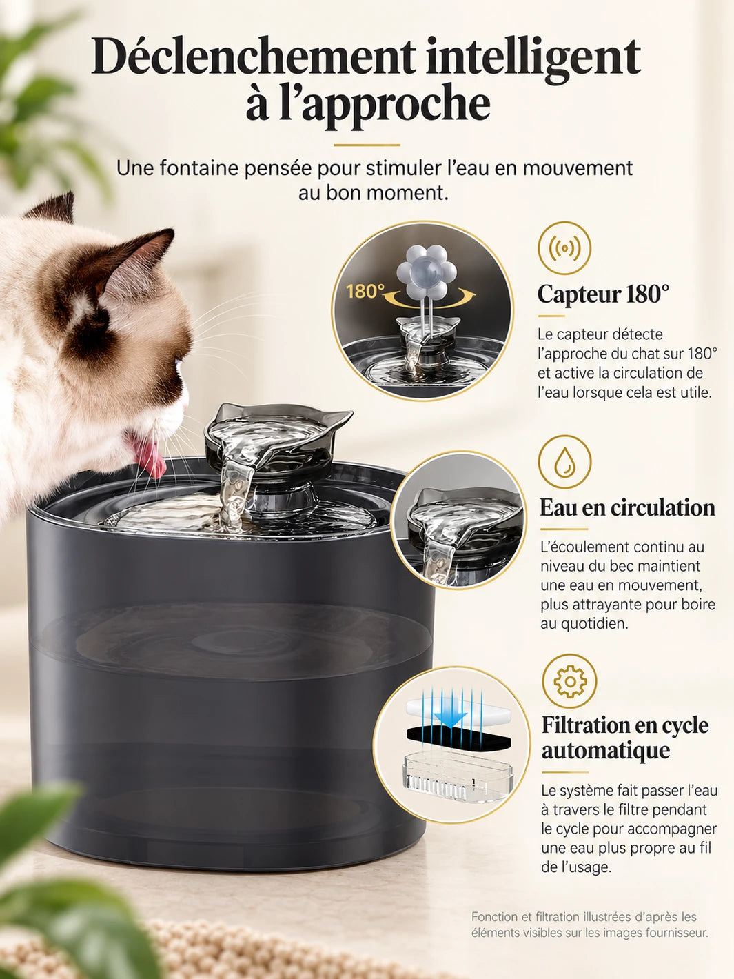 Capteur 180°, eau en circulation et filtration automatique de la fontaine à eau pour chat Noctéa.