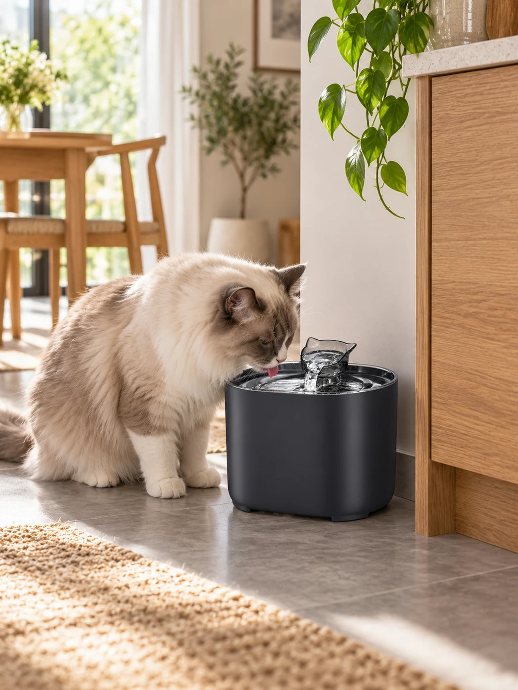 Chat buvant dans la fontaine à eau noire Noctéa installée près d’un meuble dans un intérieur lumineux.