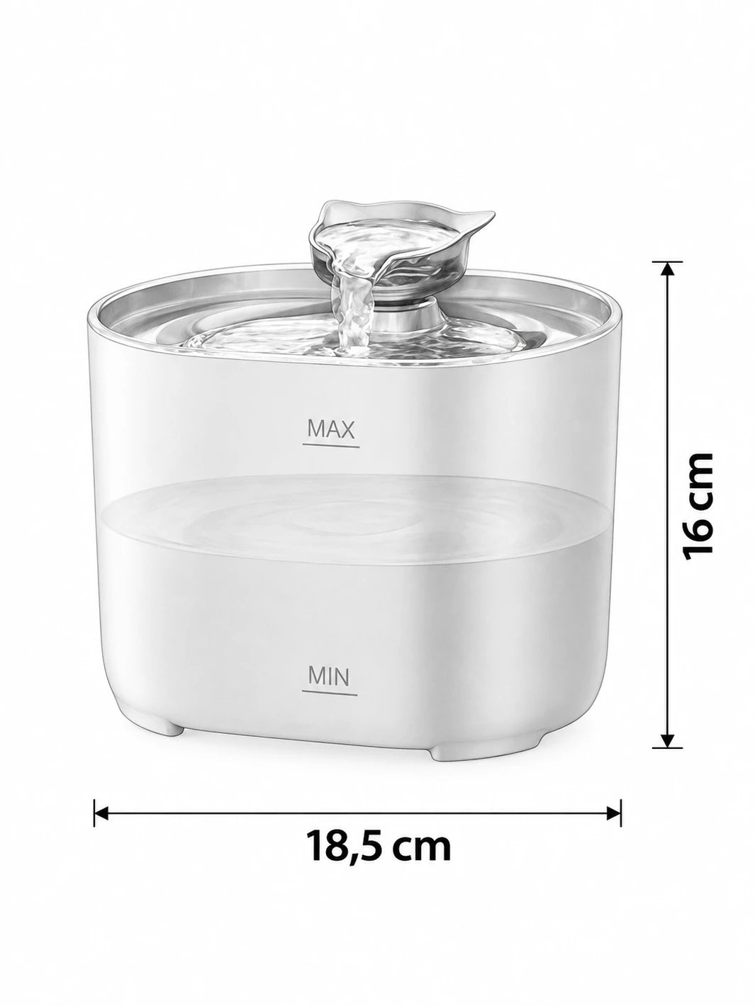 Dimensions de la fontaine à eau Noctéa : largeur de 18,5 cm et hauteur de 16 cm.