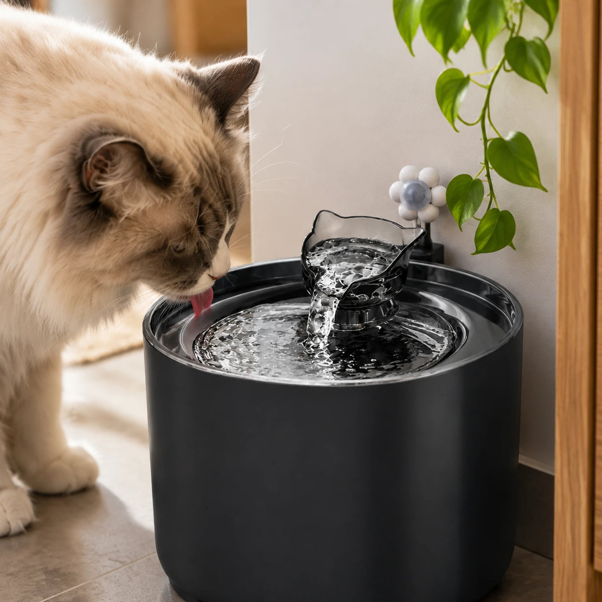 Gros plan d’un chat approchant la fontaine noire Noctéa avec capteur 180° et eau en mouvement.