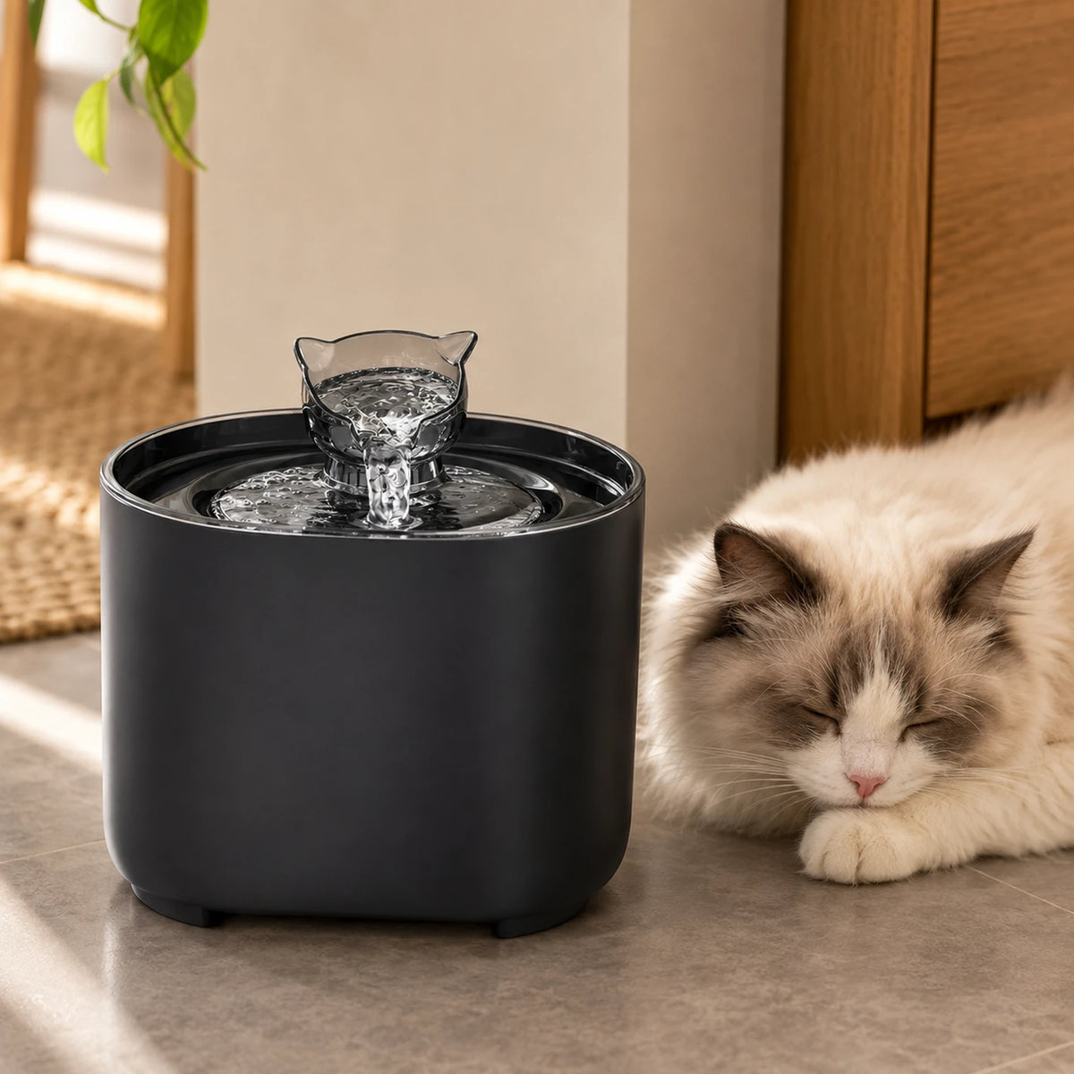Gros plan de la fontaine noire Noctéa en fonctionnement près d’un chat endormi, illustrant sa pompe silencieuse.