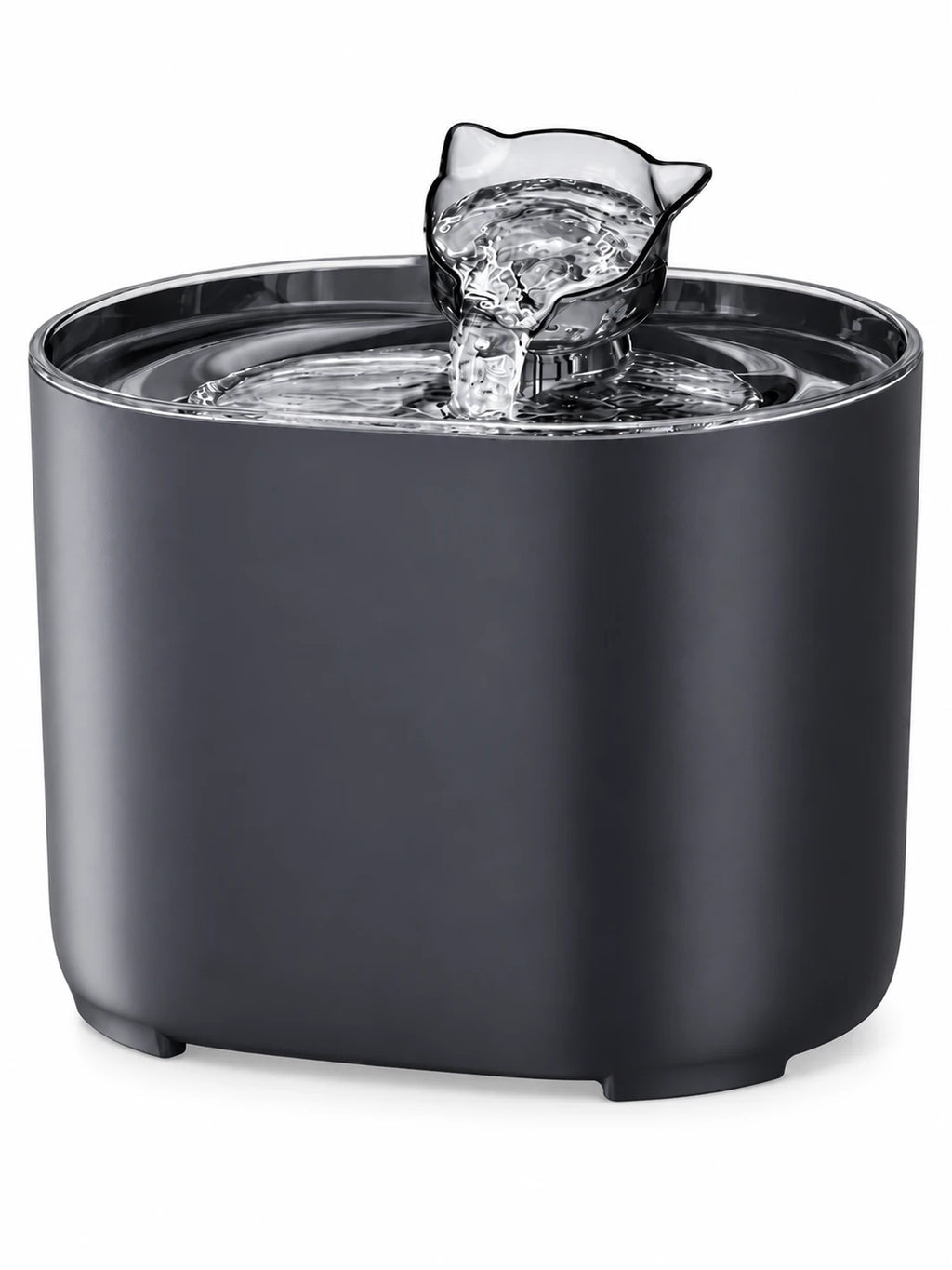 Fontaine à eau pour chat Noctéa noire de 2,2 L avec plateau brillant et bec verseur transparent sur fond blanc.