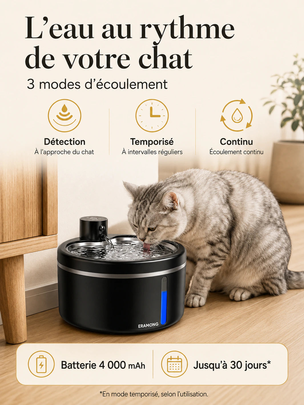 Trois modes d’écoulement et batterie rechargeable de 4 000 mAh de la fontaine pour chat Ondélia.