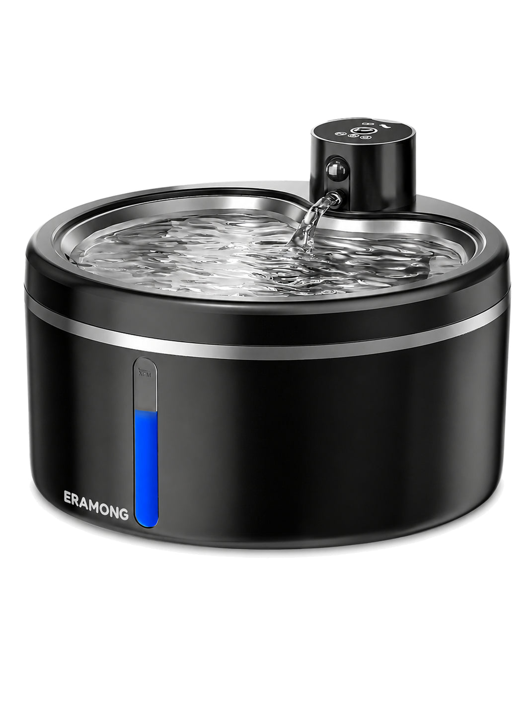 Fontaine à eau pour chat Ondélia noire, avec plateau en inox et détecteur, présentée sur fond blanc.