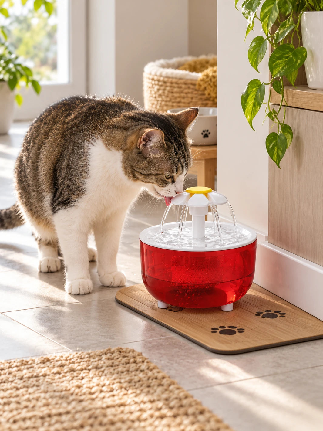 Chat buvant dans la fontaine rouge Rubélia installée sur un tapis près d’un meuble.