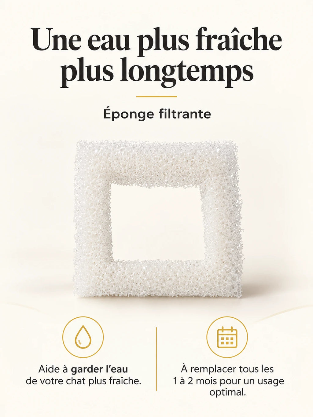 Éponge filtrante de Rubélia avec remplacement conseillé tous les un à deux mois.
