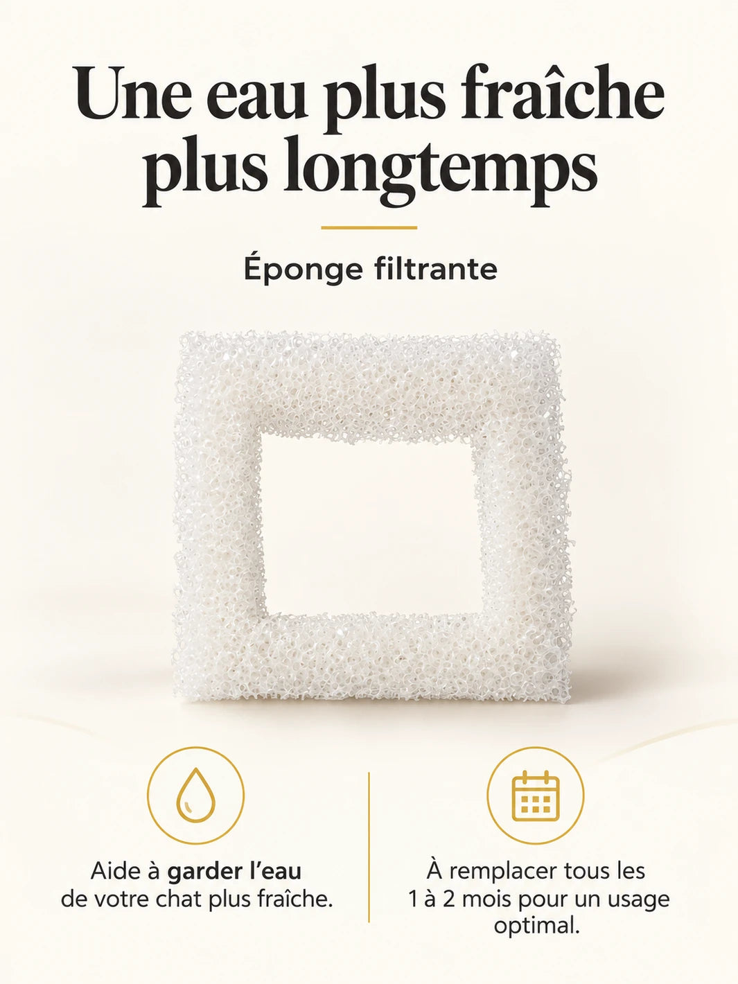 Éponge filtrante de Rubélia avec remplacement conseillé tous les un à deux mois.