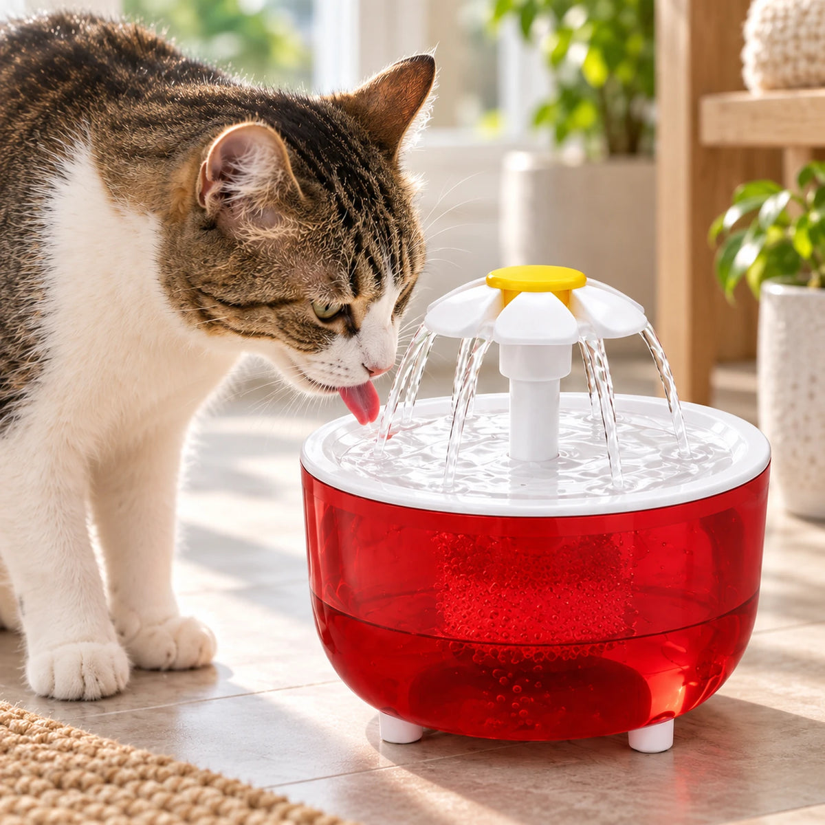 Chat buvant près des multiples filets d’eau de la fontaine rouge Rubélia.