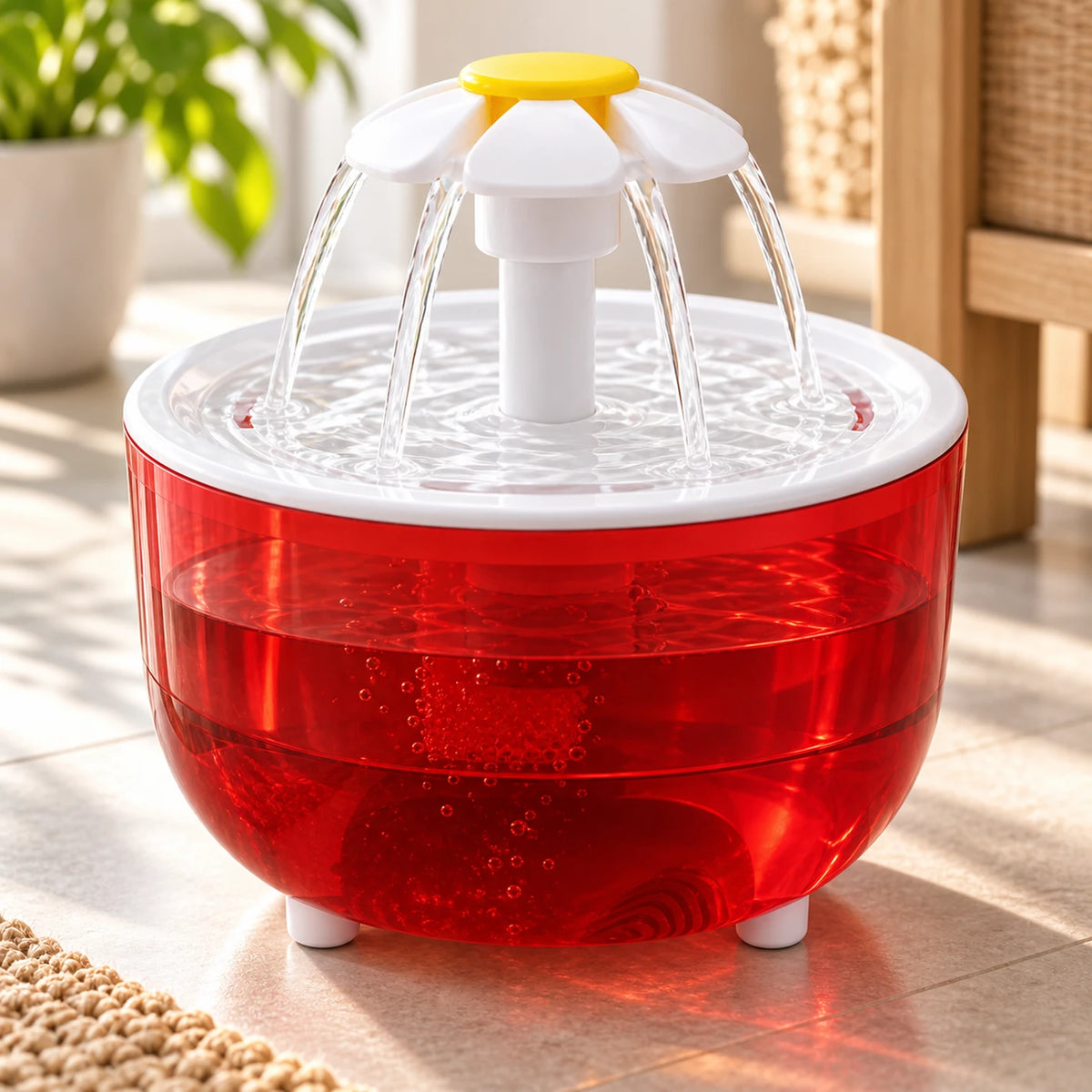 Gros plan du niveau d’eau perceptible dans la cuve rouge transparente de la fontaine Rubélia.