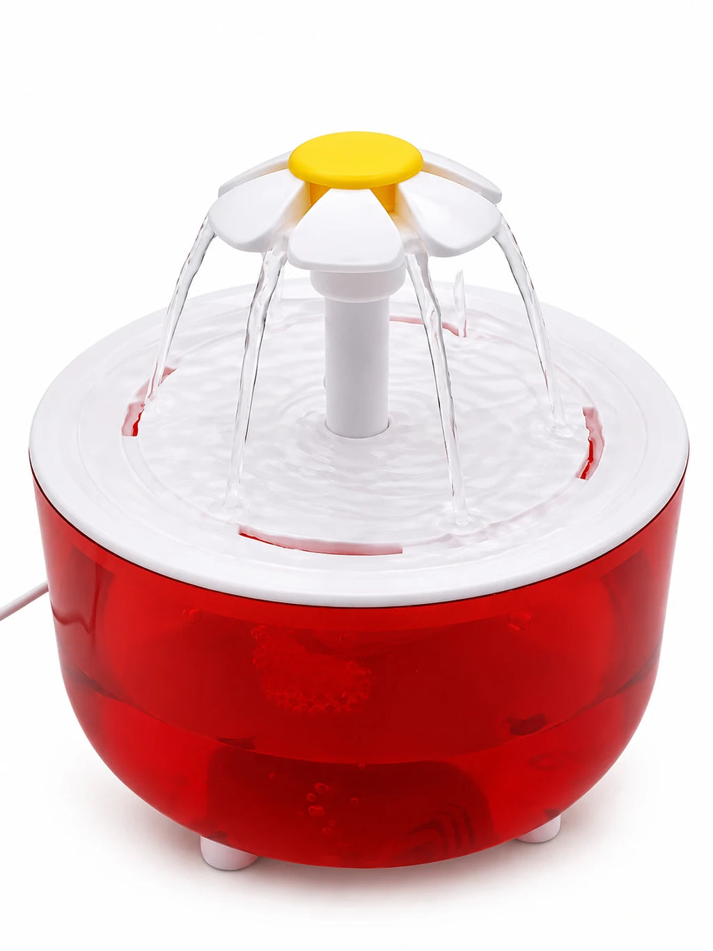 Fontaine à eau pour chat Rubélia rouge transparente de 1,2 L à jets multiples sur fond blanc.