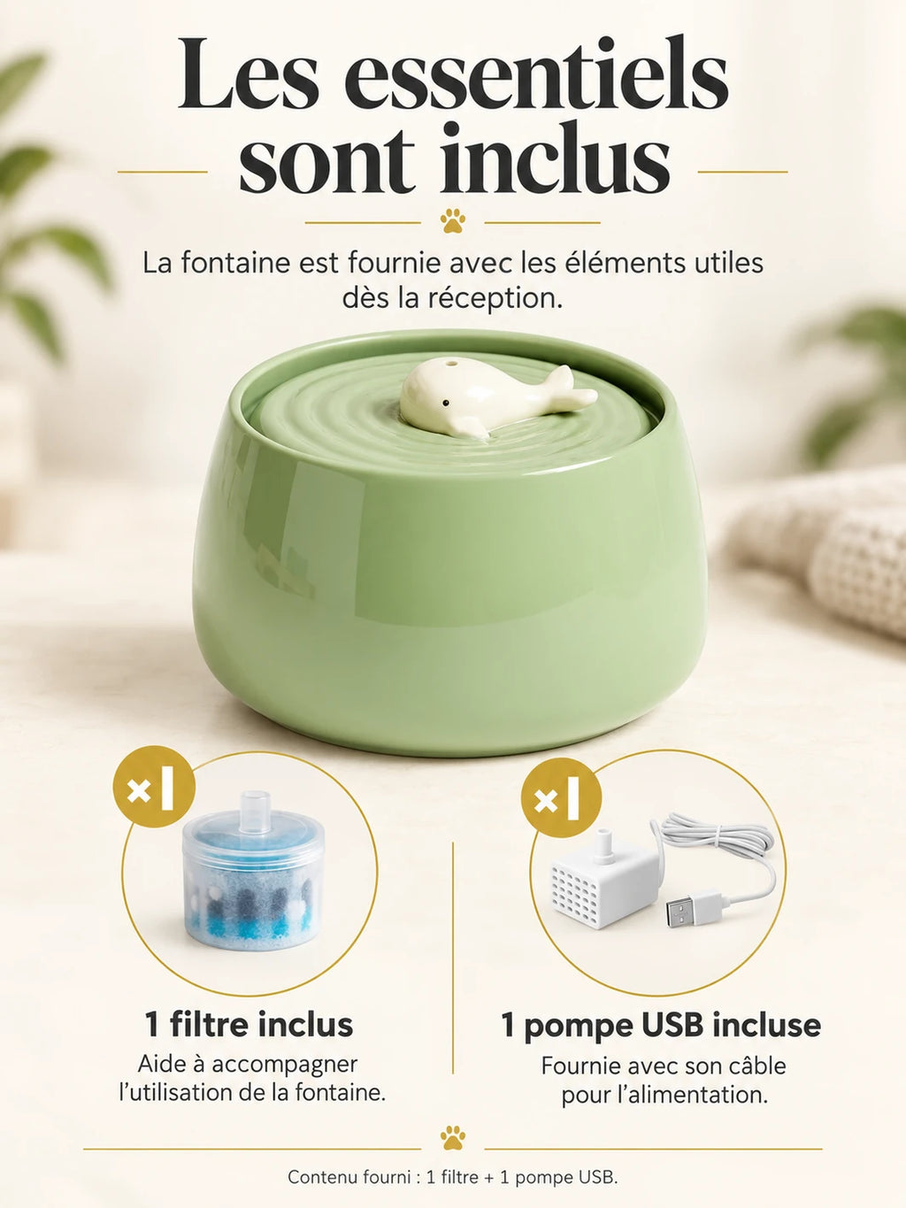 Fontaine Verdélia avec un filtre et une pompe USB inclus pour sa mise en service.