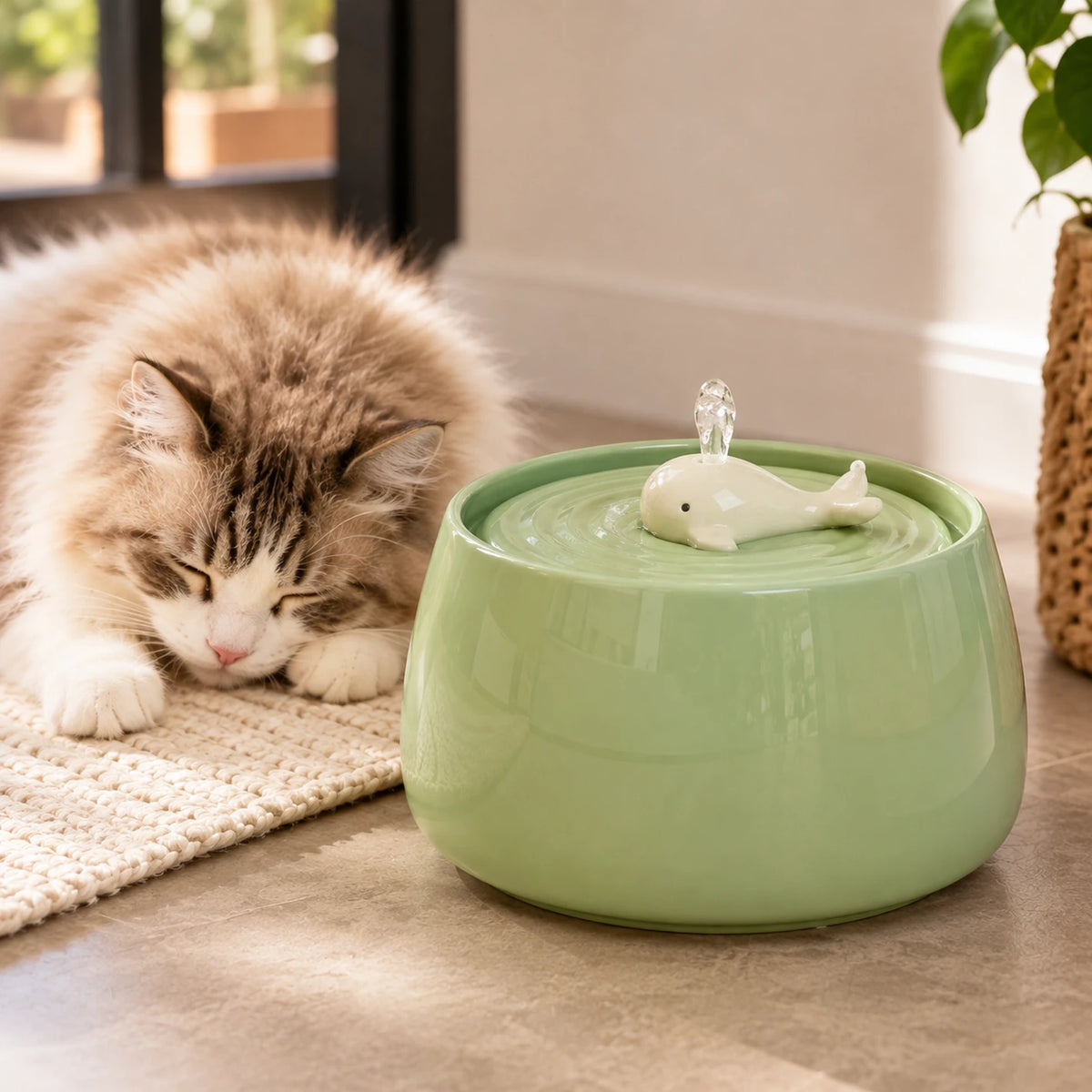 Gros plan de la fontaine verte Verdélia en fonctionnement près d’un chat endormi.