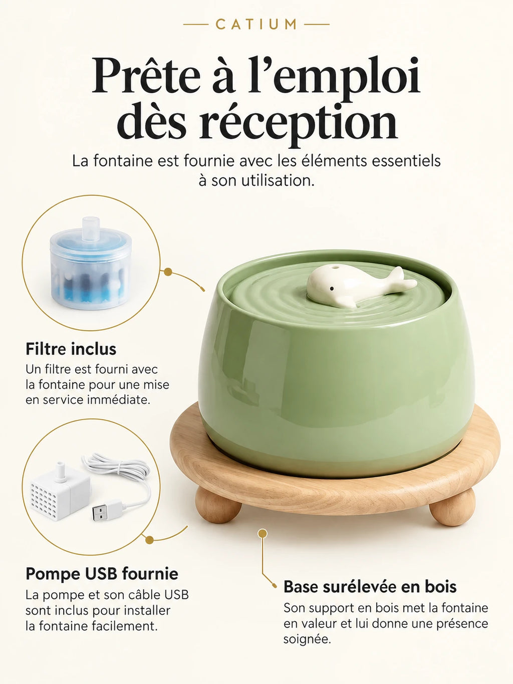 Fontaine Virdora avec socle en bois, filtre et pompe USB inclus pour son installation.