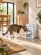 Chat utilisant la fontaine sans fil Clarivia installée dans une pièce de vie lumineuse.