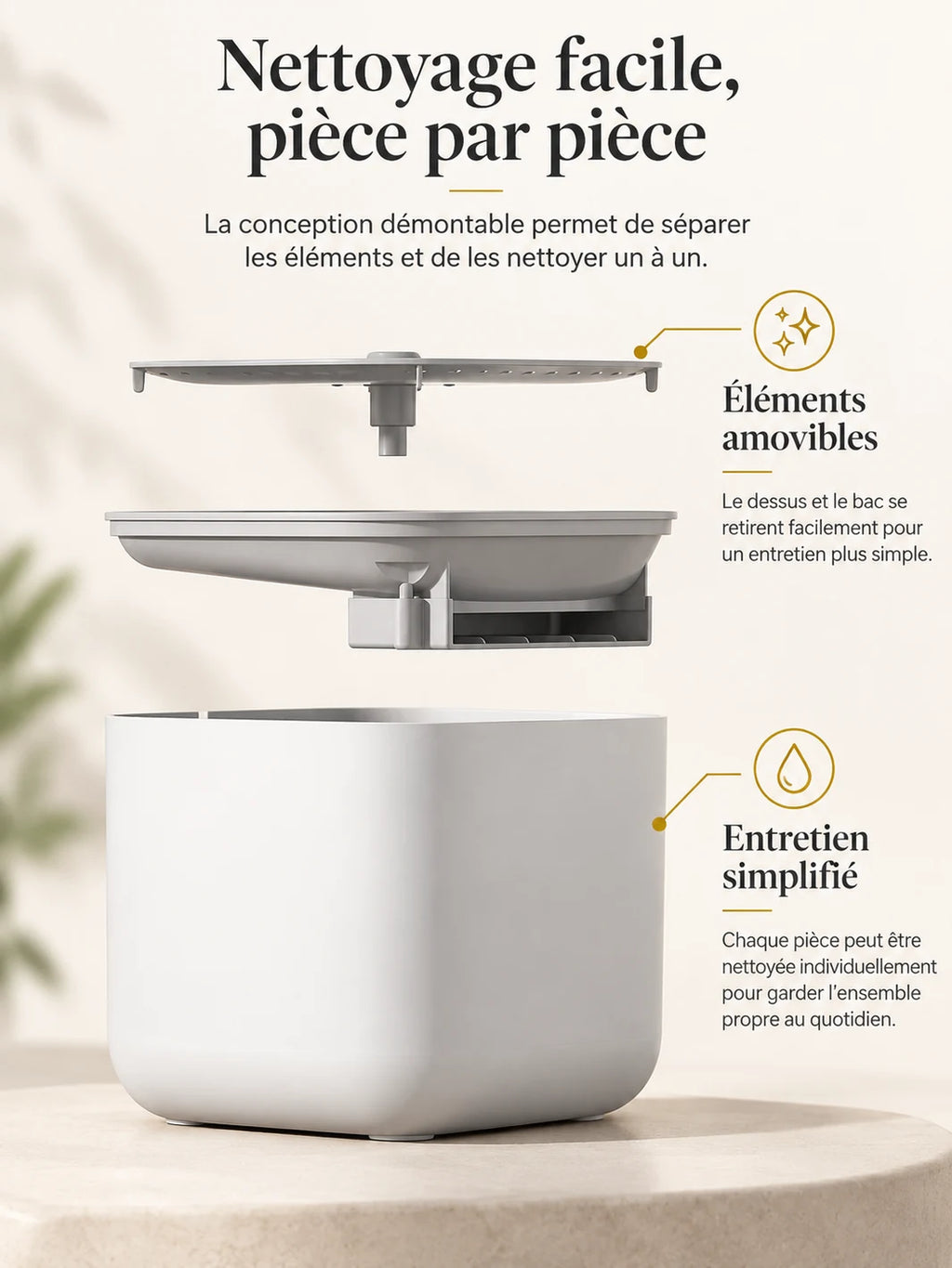 Fontaine blanche Albésia avec écoulement central, câble USB et surface aux bords arrondis.