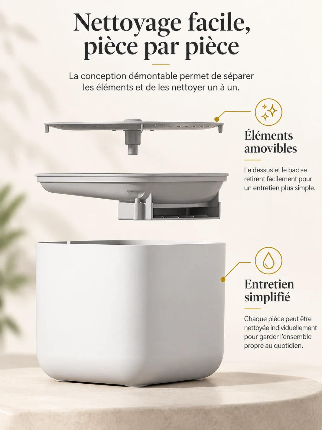 Fontaine blanche Albésia avec écoulement central, câble USB et surface aux bords arrondis.
