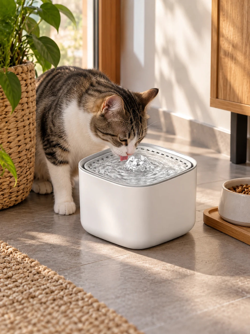 Chat buvant dans la fontaine blanche Albésia installée près d’un meuble en bois.