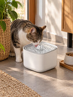 Chat buvant dans la fontaine blanche Albésia installée près d’un meuble en bois.