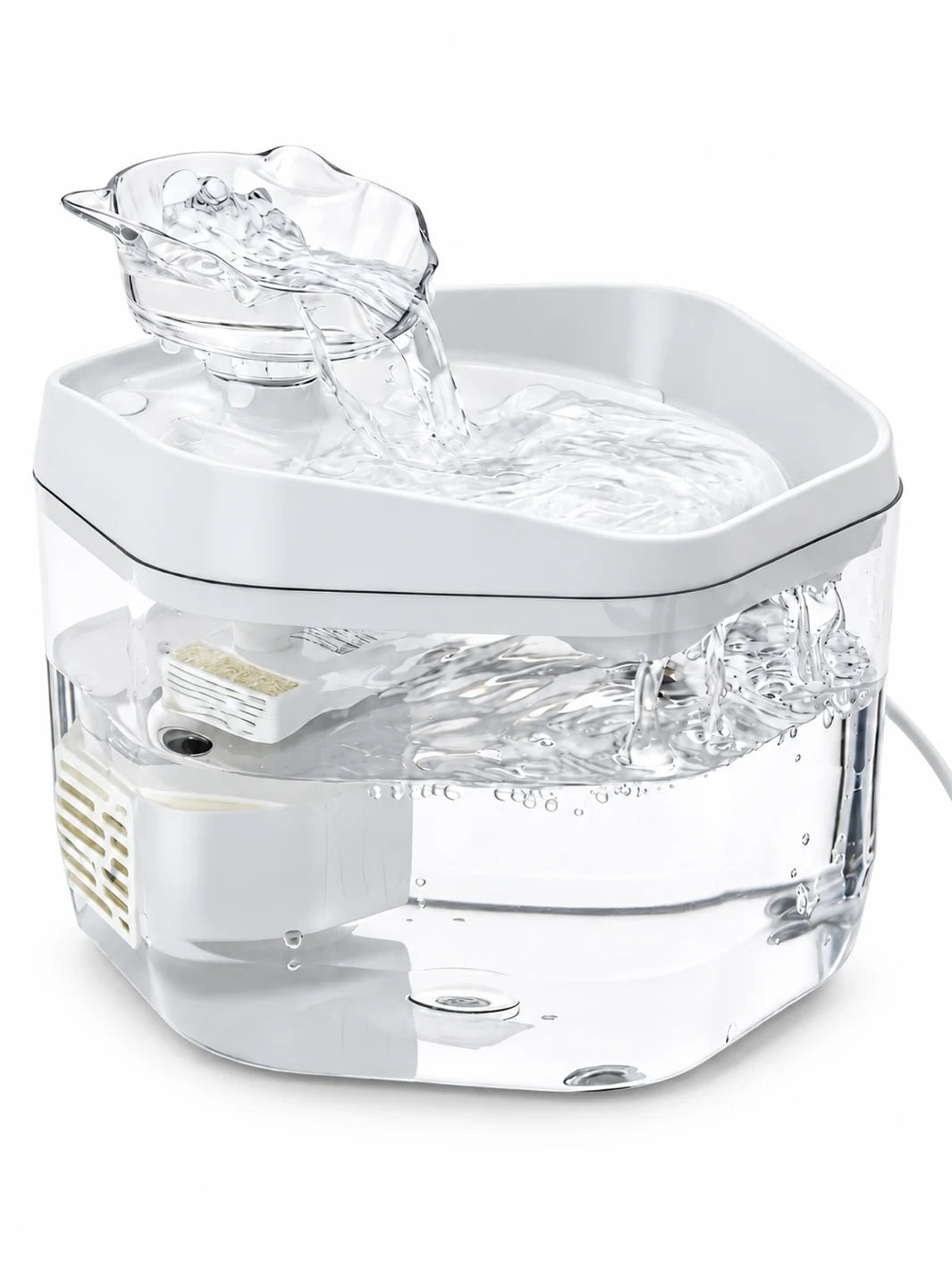 Fontaine à eau pour chat blanche hexagonale Perléa de 1,2 L avec réservoir transparent, sur fond blanc.