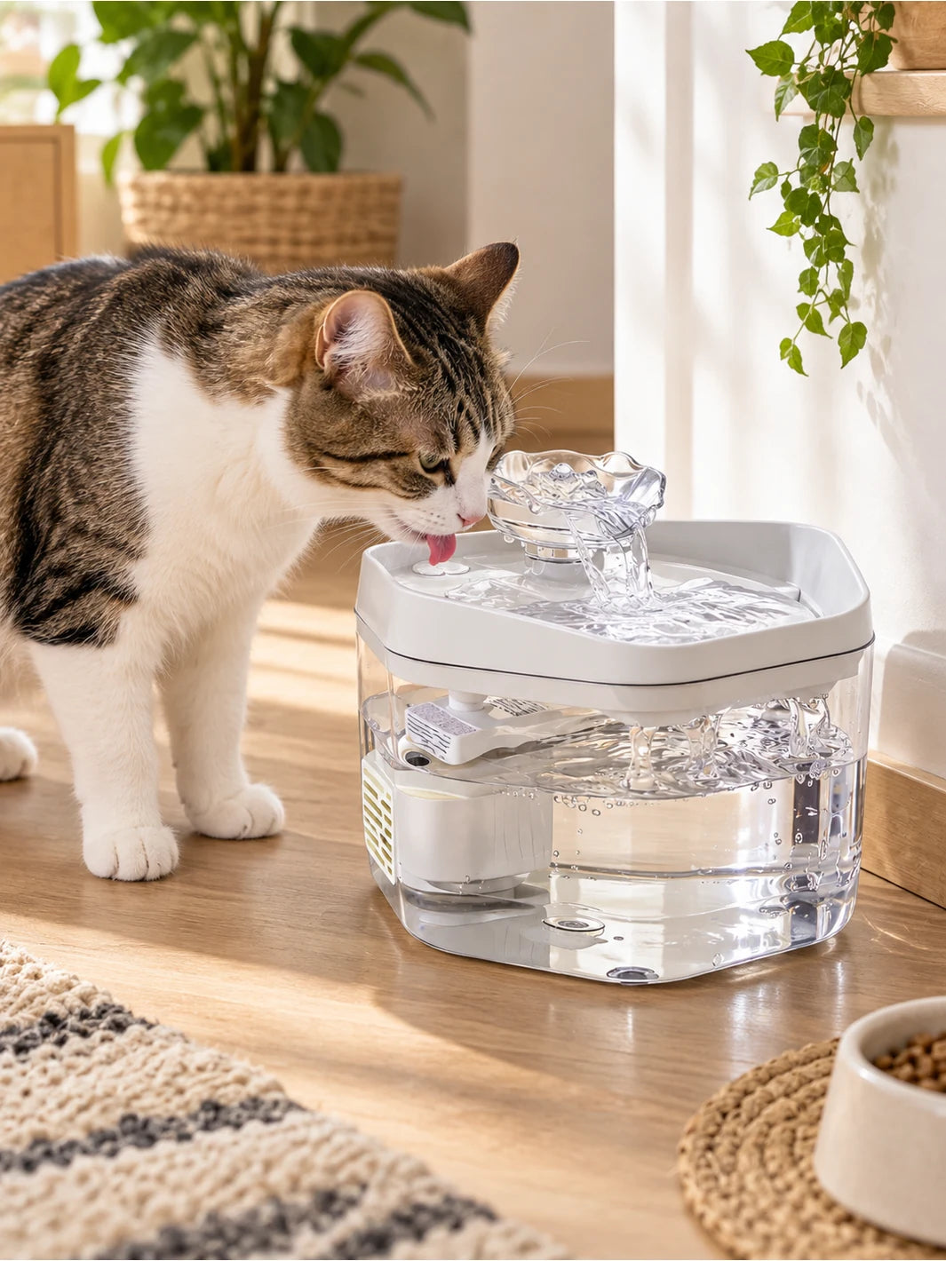Chat buvant dans la fontaine à eau blanche et transparente Perléa installée près d’un meuble.