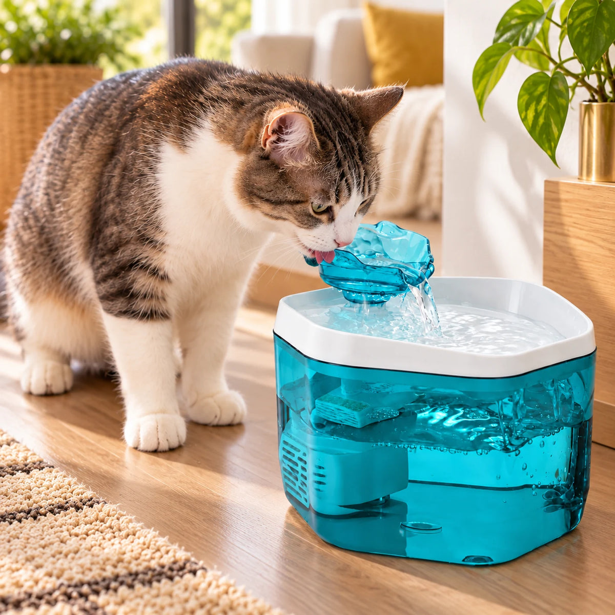 Chat buvant à l’écoulement en fleur de la fontaine à eau bleue Cyanéa.