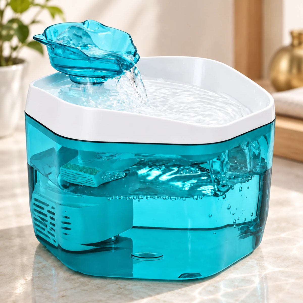 Gros plan du réservoir bleu transparent et du niveau d’eau visible de la fontaine Cyanéa.