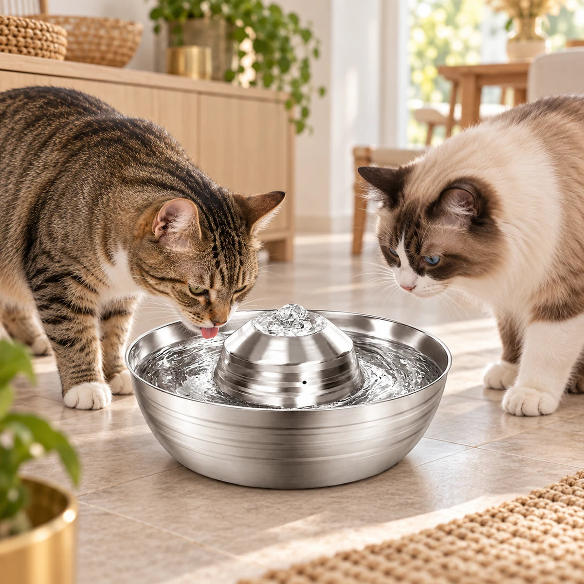 Deux chats accédant à la diffusion à 360 degrés de la fontaine en inox Circuléa.