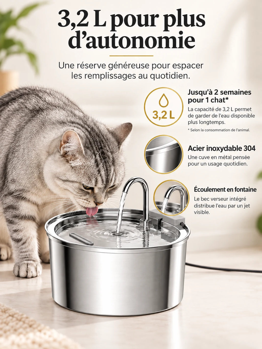 Fontaine Courbéa en inox avec présentation de sa capacité de 3,2 L.