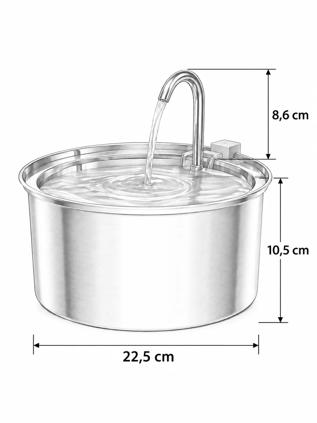 Dimensions de Courbéa : diamètre de 22,5 cm, cuve de 10,5 cm et bec de 8,6 cm.