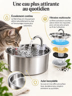 Fontaine Courbéa en inox avec écoulement continu et présentation de la filtration multicouche.