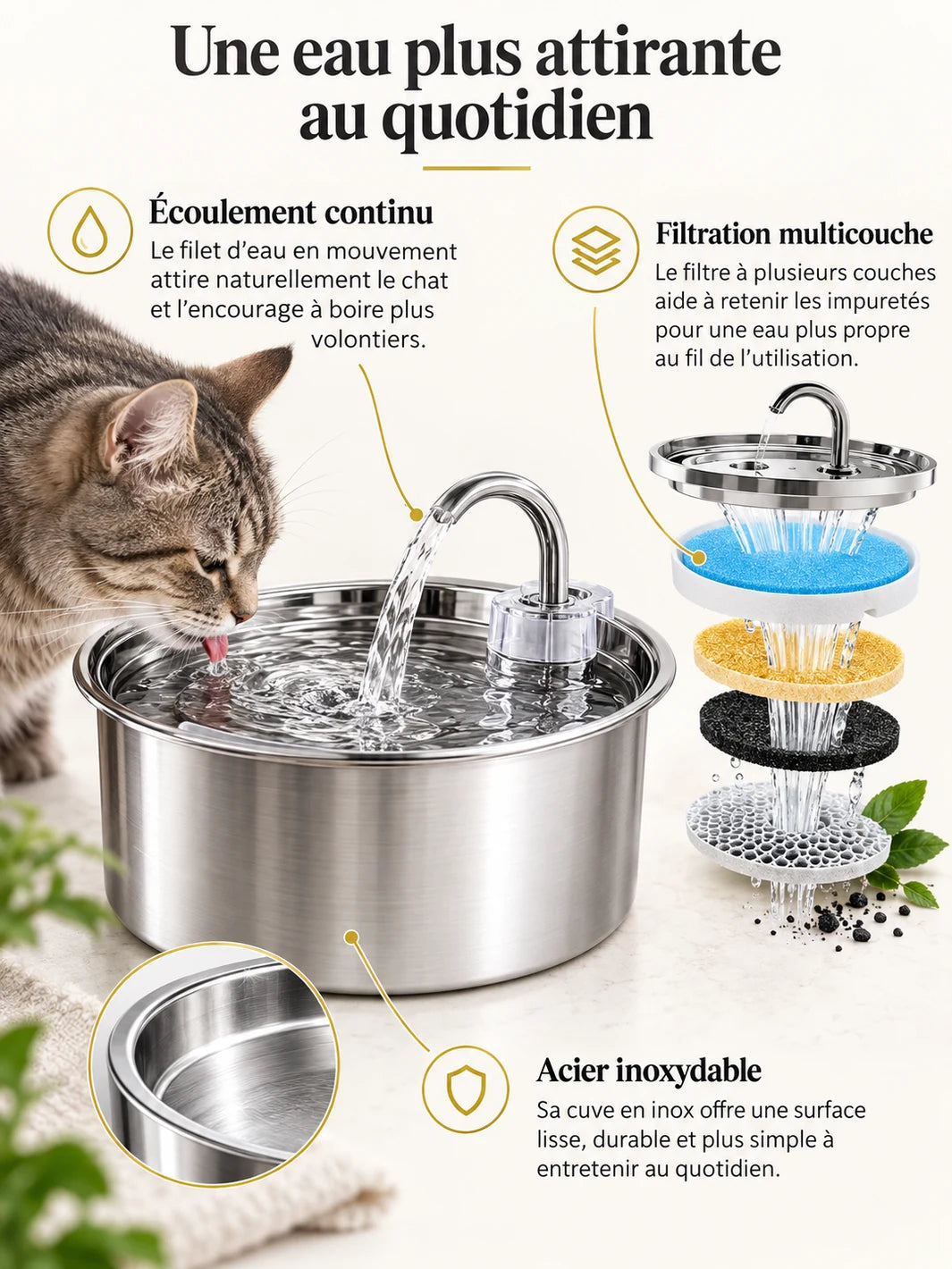 Fontaine Courbéa en inox avec écoulement continu et présentation de la filtration multicouche.