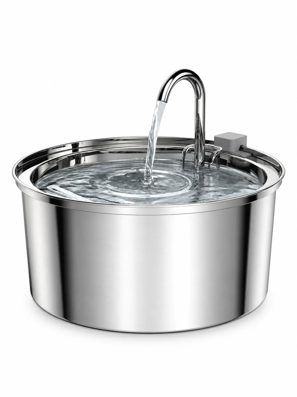 Fontaine à eau pour chat Courbéa en inox avec col de cygne, sur fond blanc.