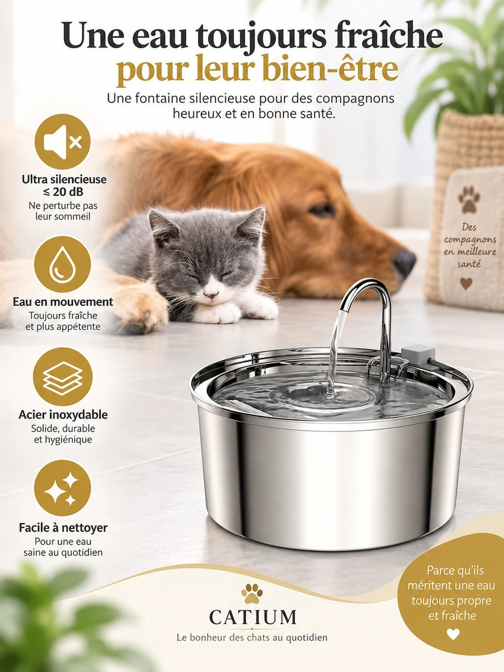 Fontaine Courbéa en inox fonctionnant jusqu’à 20 dB près d’un chat et d’un chien au repos.