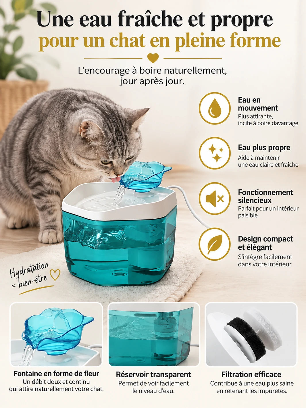 Chat utilisant une fontaine Cyanéa avec réservoir bleu transparent et filtration intégrée.