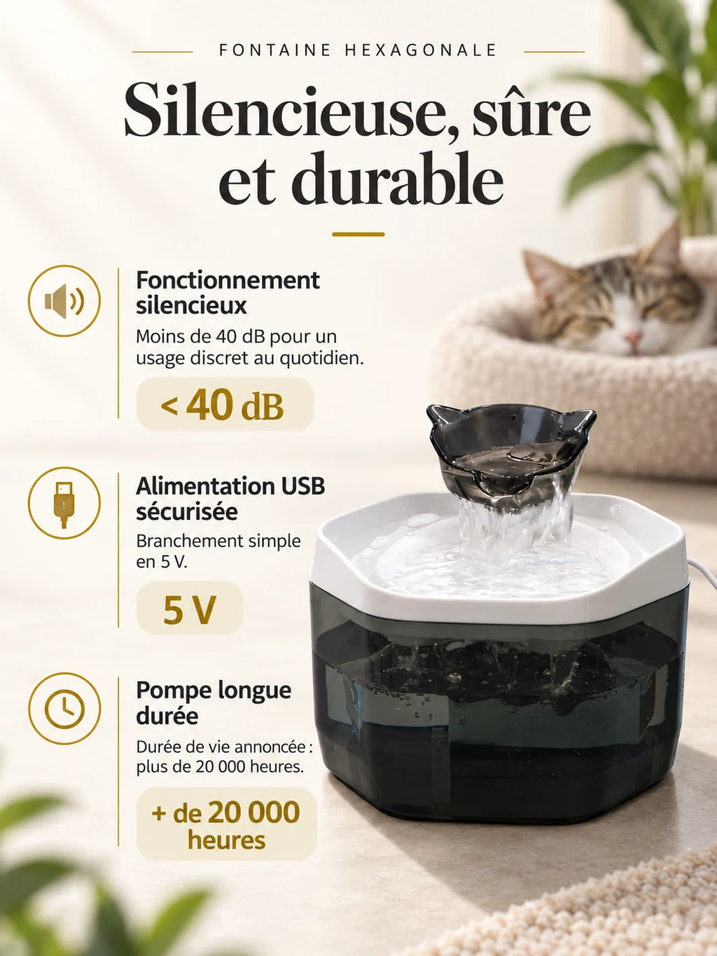 Présentation du fonctionnement inférieur à 40 dB et de l’alimentation USB 5 V de la fontaine Cyanéa.