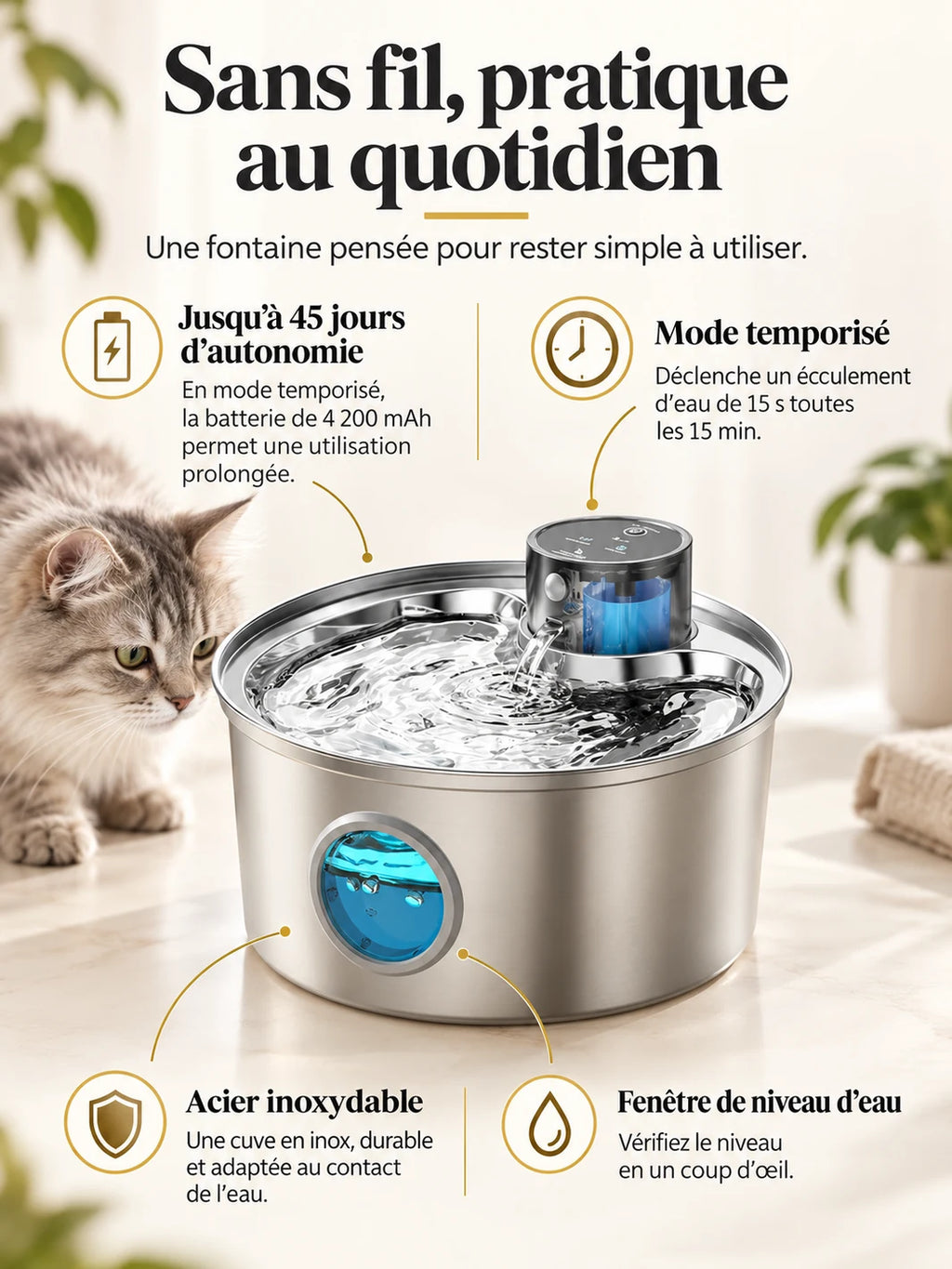 Fontaine Enduréa en inox avec batterie de 4 200 mAh, mode temporisé et fenêtre de niveau.