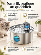 Fontaine Enduréa en inox avec batterie de 4 200 mAh, mode temporisé et fenêtre de niveau.