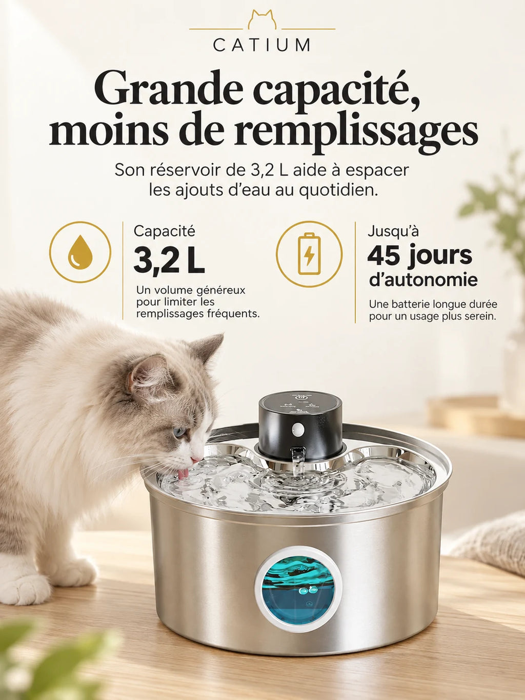 Fontaine Enduréa avec capacité de 3,2 L et autonomie annoncée jusqu’à 45 jours.