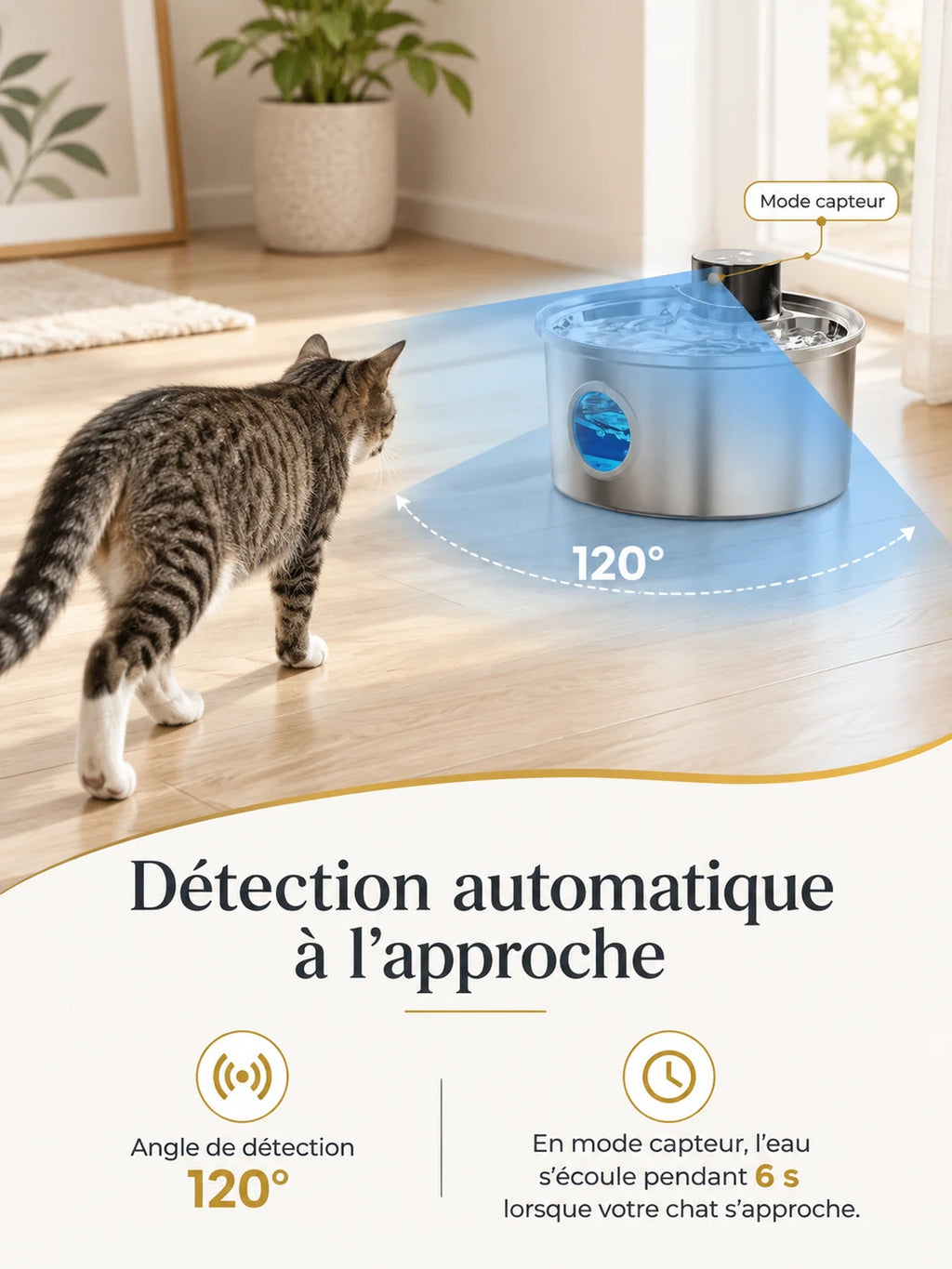 Détection automatique à 120 degrés de la fontaine Enduréa à l’approche d’un chat.