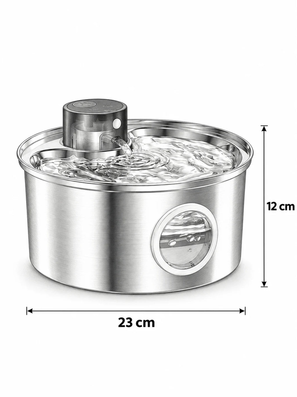 Dimensions de la fontaine Enduréa avec cuve ronde de 23 cm de diamètre.