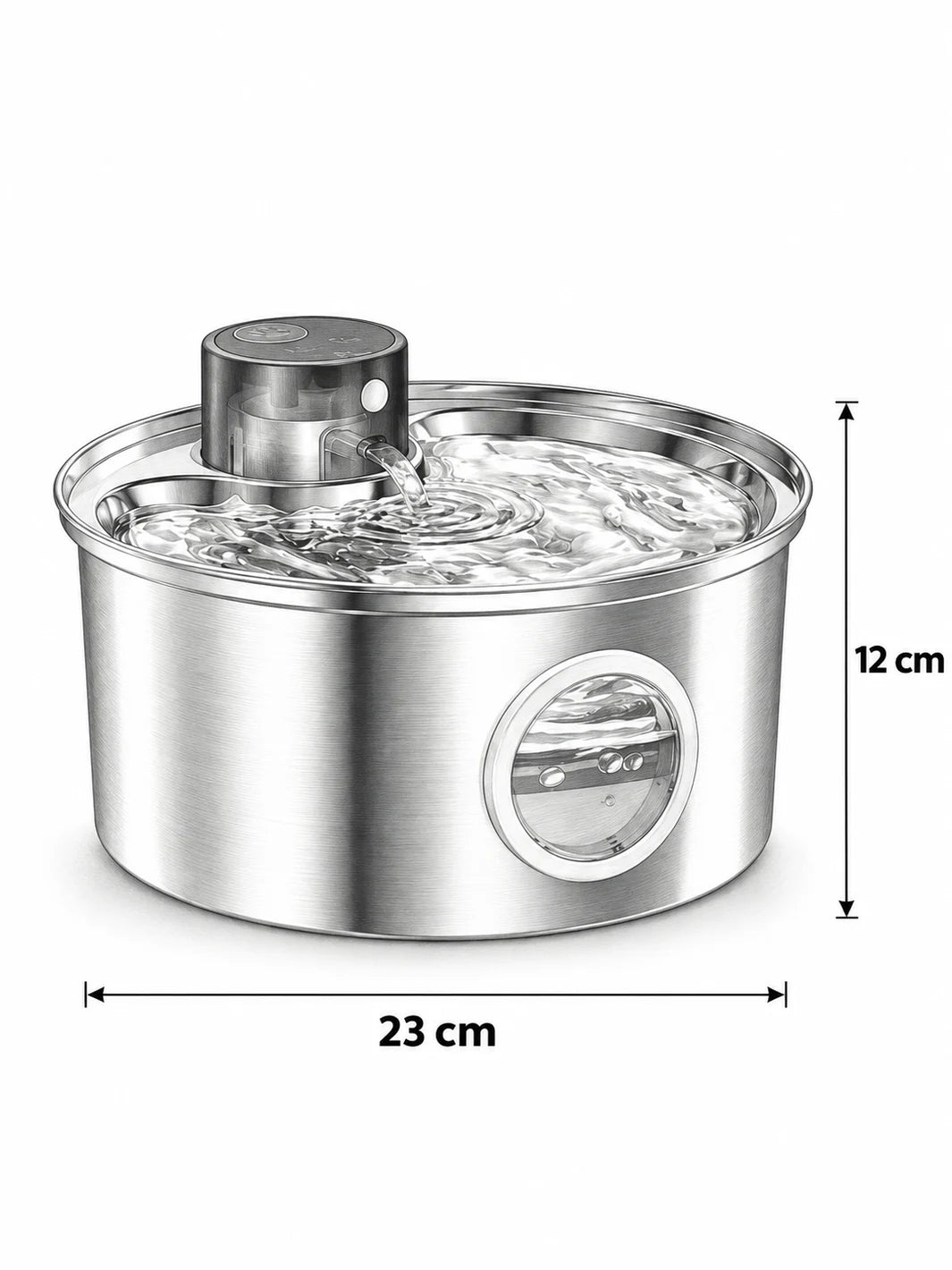 Dimensions de la fontaine Enduréa avec cuve ronde de 23 cm de diamètre.