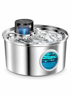 Fontaine à eau pour chat Enduréa sans fil en inox avec fenêtre ronde, sur fond blanc.